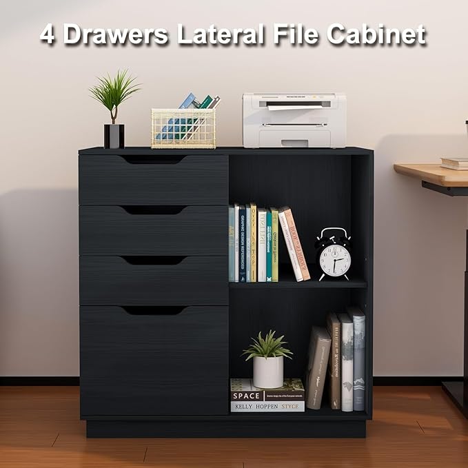4 Drawers Lateral File Cabinet, Wood Filing Cabinet, Printer Stand with Open Storage Shelves for Home Office, 6 Compartments, Black