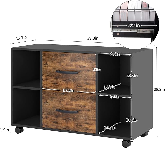 sogesfurniture Mobile Lateral Filing Cabinet with 2 Drawers,Lateral Office Cabinet Printer Stand, Multifunctional Storage Cabinet with Open Shelves and Castors for Home & Office (Brown)