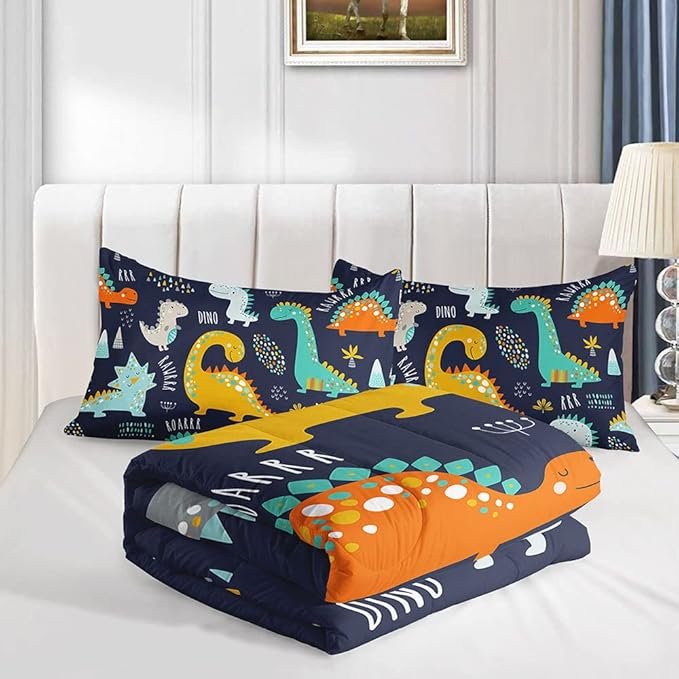 Datura home Bedding Comforter Set Kawaii Cartoon Dinosaur Printed Pattern Bedding Set with 1 Comforter and 2 Pillowcases for Boys Bedroom All Season(Cute Dinosaur Queen)