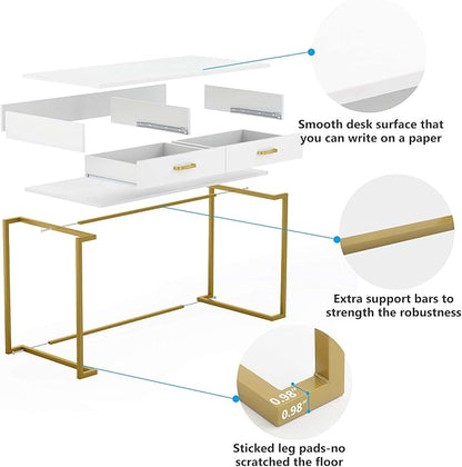 Tribesigns 40 Inch Computer Desk, White and Gold Desk with 2 Drawers, Modern Simple Home Office Desk, Gold Writing Desk Study Table for Bedroom, Modern Makeup Vanity Desk for Small Spaces