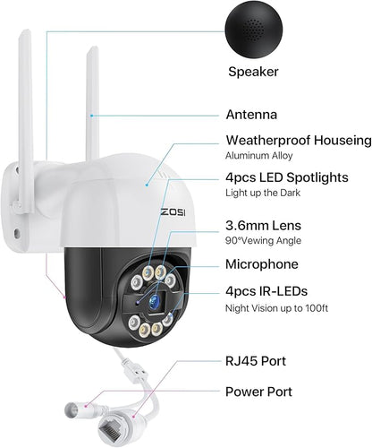 ZOSI C289 2K Pan/Tilt WiFi Add On Camera, 3MP Plug-in Outdoor PT Security Camera, Night Vision, Human Detection, 2 Way Audio, Smart Light Siren, Only Work 2K WiFi NVR System(ZR08RP,ZR08LL)