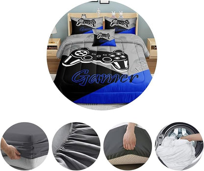 6 Pieces Bed in A Bag Gamer Bedding Set for Boys Kids Adult Gaming Comforters Set,Boys Bed in A Bag Set Full Size Comforter with Fitted Shee Flat Sheet Pillowcase pillowsham,DJT5002Queen