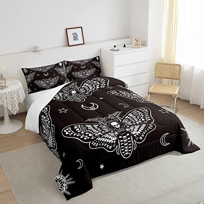 Feelyou Boys Boho Moth Comforter Set King Size Men Gothic Skull Bedding Set for Girls Women Bedroom Decor Bohemian Moon Star Comforter Personalized Moth Skull Skeleton Bones Duvet Set Teens Quilt Set