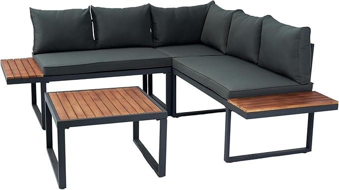 4 Piece Outdoor Patio Furniture Wicker L-Shaped Sectional Sofa Set with Built-in Side Table&Wood TeaTable, 5-Seater Seating Group Couch, for Garden Backyard, Dark Grey Cushion