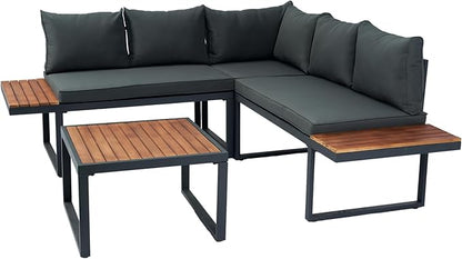 4 Piece Outdoor Patio Furniture Wicker L-Shaped Sectional Sofa Set with Built-in Side Table&Wood TeaTable, 5-Seater Seating Group Couch, for Garden Backyard, Dark Grey Cushion