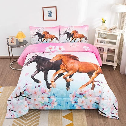 Feelyou Kids Horse Comforter Set for Girls King Size Chic Cherry Blossom Bedding Set for Horse Lover Gift Galloping Horse Printed Comforter 3D Wild Animal Duvet Set Bedroom Decor Quilt Set 3Pcs
