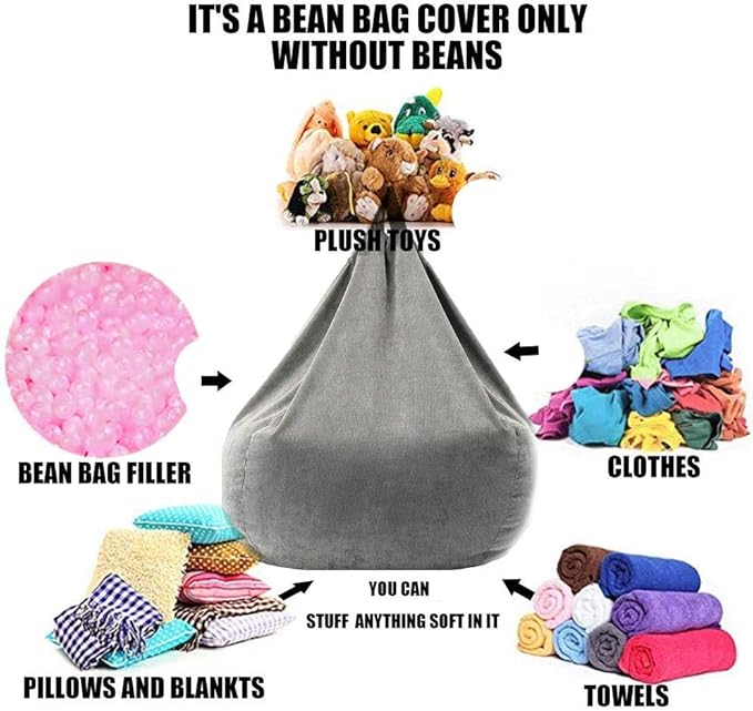 Stuffed Animal Storage Bean Bag Chair Cover (No Filler) Washable Ultra Soft Corduroy Bean Bag Cover for Organizing Plush Toys or Textile, Sack Bean Bag for Adults, Teens