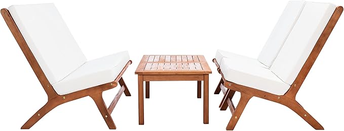 SAFAVIEH Outdoor Collection Chaston Wood Cushion 4-Piece Conversation Patio Set PAT7044F, Natural/Beige