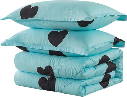 Love Pattern Girls Comforter Set King Size, Sky Blue Cute Love Heart Print Comforter Bedding Set for All Seasons, Geometric Soft Microfiber 3 Pieces Comforter Set with Pillowcases