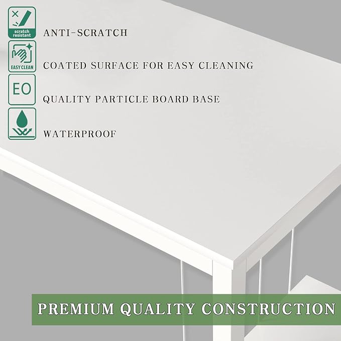 White Computer Desk 47" Writing Desk Study Table with CPU Storage Shelf for Home Office, Workstation, Office, Gaming Room- Sturdy Stable White Metal Frame