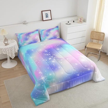 Erosebridal Ombre Comforter Rainbow Comforter Set Queen Tie Dye Galaxy Duvet Set Nebula Bedding Starry Sky Quilt Set Pastel Stars Glitter Bedding Set Purple Blue Bedroom Decorative Down Comforter