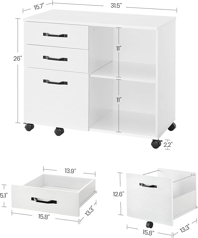 VASAGLE Lateral File Cabinet, Home Office Printer Stand, with 3 Drawers and Open Storage Shelves, for A4, Letter-Size Documents, White, 15.7”D x 31.5”W x 26”H