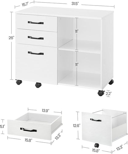 VASAGLE Lateral File Cabinet, Home Office Printer Stand, with 3 Drawers and Open Storage Shelves, for A4, Letter-Size Documents, White, 15.7”D x 31.5”W x 26”H
