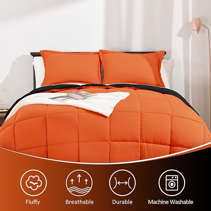 Basic Beyond Twin Comforter Set for Girls and Boys - Fluffy Twin Bed Comforter Set for All Seasons - Reversible Kids Twin Comforter Set - 2 Pieces (1 Comforter + 1 Pillow Sham) - Orange/Black