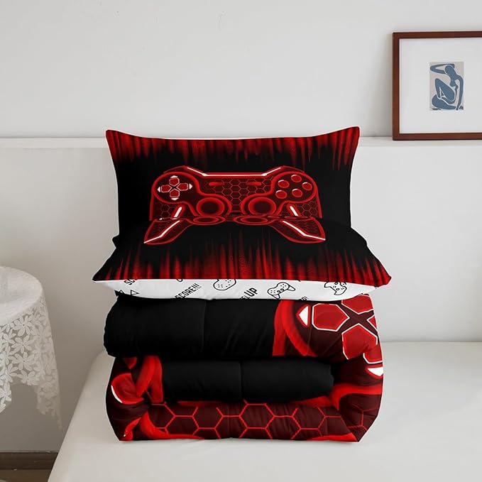 Feelyou Gamer Comforter Set Full Size Kids Game Controller Comforter for Boys Teens Red Black Bedding Set Gaming Duvet Set Room Decor Quilt Set