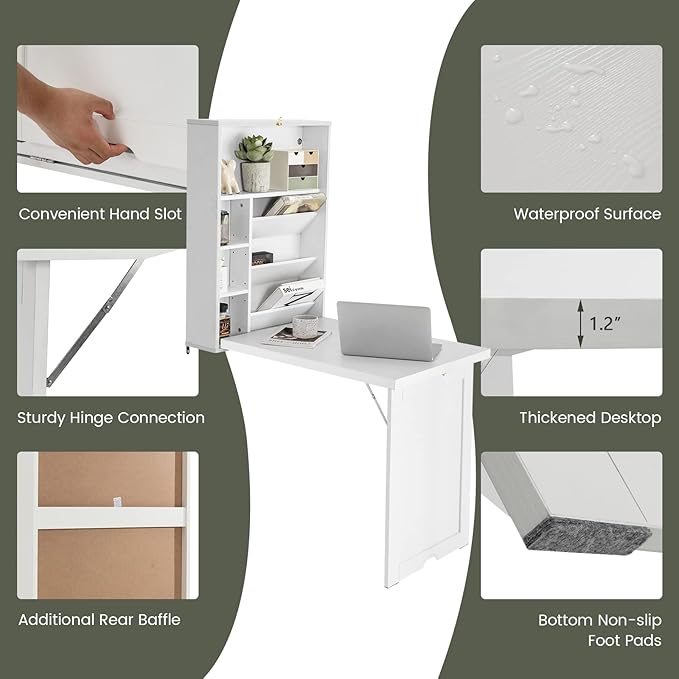 Wall Mounted Table w/Classified Storage Space, Foldable Multiple-Purpose Desk, Sturdy Wood Structure, White