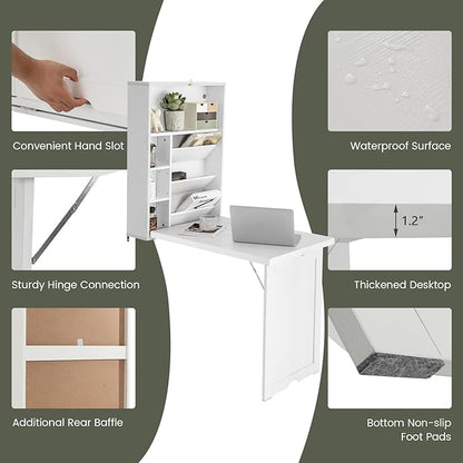 Wall Mounted Table w/Classified Storage Space, Foldable Multiple-Purpose Desk, Sturdy Wood Structure, White