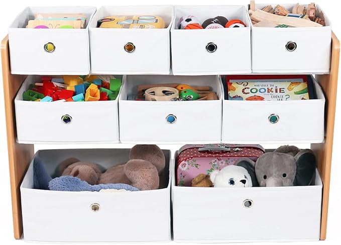 Humble Crew Kids Toy Organizer with 9 Collapsible Fabric Storage, Natural Wood and White Bins