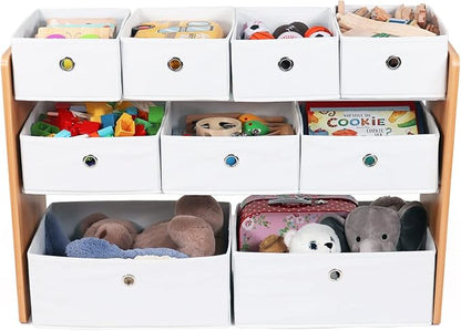 Humble Crew Kids Toy Organizer with 9 Collapsible Fabric Storage, Natural Wood and White Bins