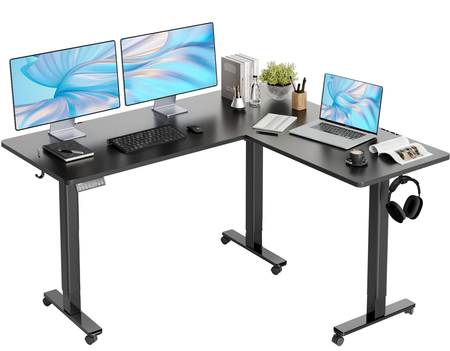 Claiks L Shaped Standing Desk Adjustable Height, Dual Motor Electric Corner Standing Desk, 63x55 inch Sit Stand up Desk with Splice Board, White
