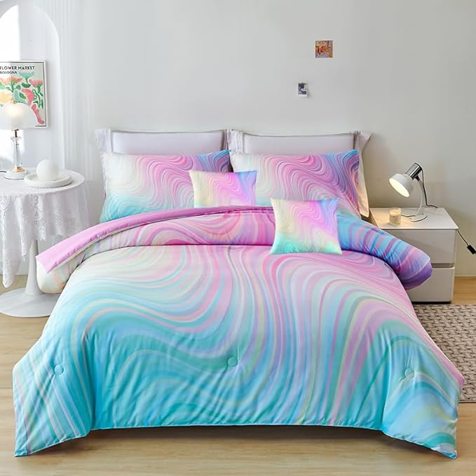 Full Size Comforter Sets for Girls 7PCS,Pink Bedding Sets,Bed Sets for Girls with Flat Sheet and Fitted Sheet,Pillowcases,Cushions,Tie Dye Comforter Sets