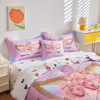 ADASMILE A & S Full Unicorn Comforter Sets for Girls 6 Pieces Pink Floral Unicorn Bedding Set with Colorful Cute Love Heart Sheets Full for Girls Unicorn Bed in a Bag Comforter for Home Decor