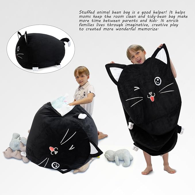 Black Cute Cat Toy Organizers Stuffed Animal Storage Bean Bag Chair for Boys and Girls, Home Game & Recreation Room Kids Furniture Beanbags