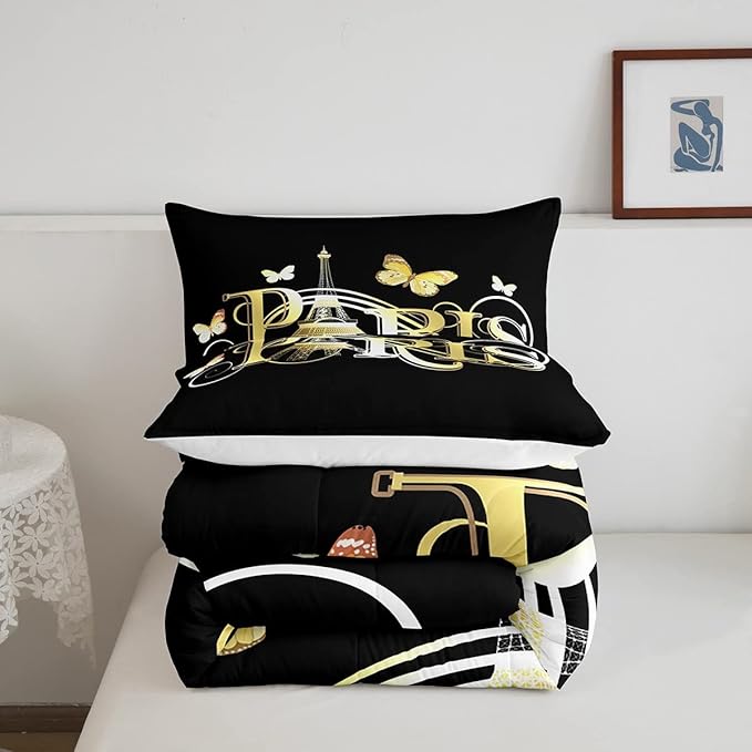 Eiffel Tower Comforter Chic Paris Theme Bedding Set for Kids Boys Girls Butterfly Paris Cityscape Printed Comforter Set Modern French Style Duvet Set Golden Black Bedroom Decor Quilt Set Twin Size