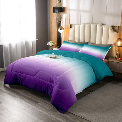 Erosebridal Ombre Comforter Set Green Purple Teal Bedding Set Queen Size Colorful Gradient Down Comforter Modern Abstract Quilt Duvet Insert Soft Warm Lightweight 1Comforter with 2 Pillow Cases