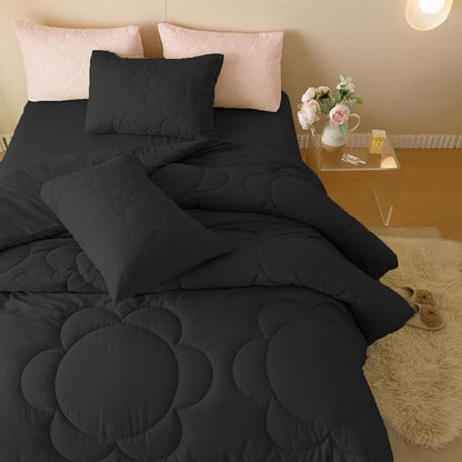Black Flower Comforter California King Black Flower Print Bed Cal King Comforter Set 3 Pieces Dark Black Floral Comforter Set for Women Girls Bedroom Decor All Season Hotel Quality Comforter