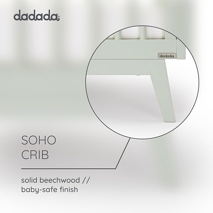 dadada Baby Soho 3-in-1 Convertible Crib to Toddler Bed – Wooden Crib Made in Italy, GREENGUARD Gold Certified Small Baby Crib – Baby-Safe Finish, Modern Design (Sage)