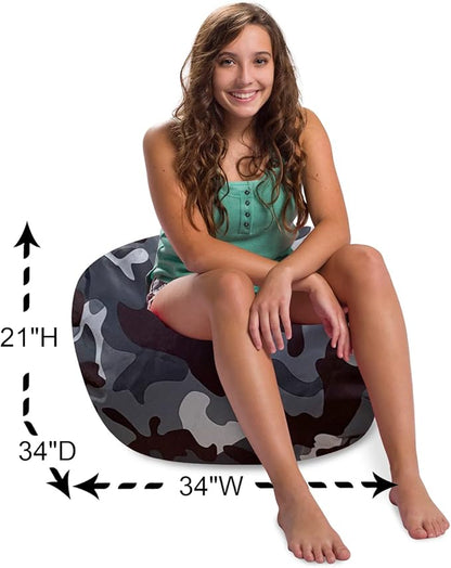 Posh Creations Structured Comfy Bean Bag Chair for Gaming, Reading and Watching TV, 100in Round Classic Chair, Nylon - Camo Dark and Black Gray