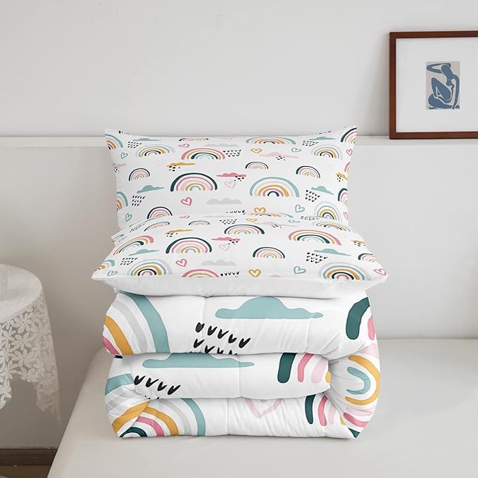 Erosebridal Rainbow Bedding Set for Kids Girls, Pink Love Heart Comforter Set Twin Size Cartoon Cloud Geometric Stripes Bedding Comforter for Boys Children Women Watercolor Art Girly Duvet Sets