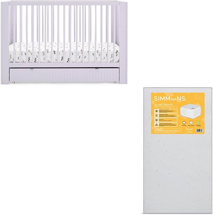 Delta Children Cassie 4-in-1 Convertible Crib with Underdrawer, Lilac + Simmons Kids Silver Nights Dual Sided 2-Stage Baby Crib Mattress (Bundle)