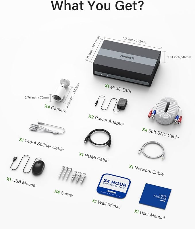 ANNKE Security Camera System, 3K Lite 5-in-1 H.265+ 8CH eDVR with 1TB eSSD and (4) 1080p (2MP) Weatherproof Surveillance Wired Cams, AI Human/Vehicle Detection, 100ft Night Vision, Email Alert