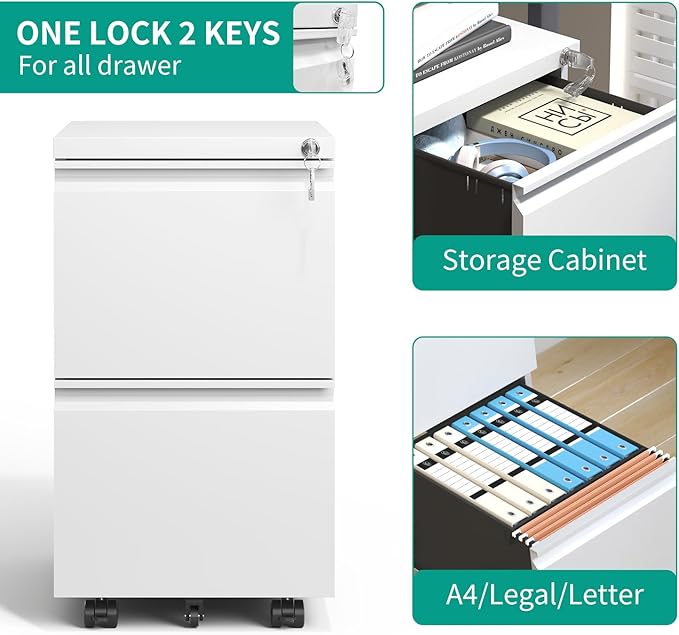 2 Drawer Mobile File Cabinet with Lock,Under Desk Metal Filing Cabinet for Home Office, Metal Small Rolling File Cabinet with 2 Keys for Legal/Letter/A4 Size Fully Assembled Except Wheels (White)