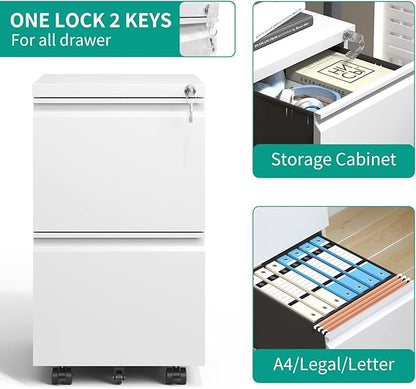 2 Drawer Mobile File Cabinet with Lock,Under Desk Metal Filing Cabinet for Home Office, Metal Small Rolling File Cabinet with 2 Keys for Legal/Letter/A4 Size Fully Assembled Except Wheels (White)