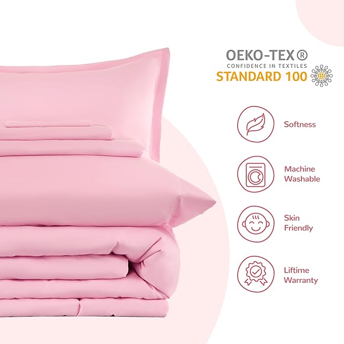 SLEEP ZONE Kids Bedding Comforter Set Full/Queen Size - Super Cute & Soft Kids Bedding 7 Pieces Set with Comforter, Sheet, Pillowcase & Sham (Ballet Pink Color)