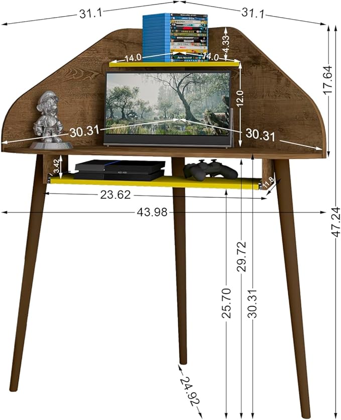 Manhattan Comfort Bradley Mid Century Modern Home Office Floating Corner Desk with Keyboard Shelf, 43.98", Rustic Brown/Yellow