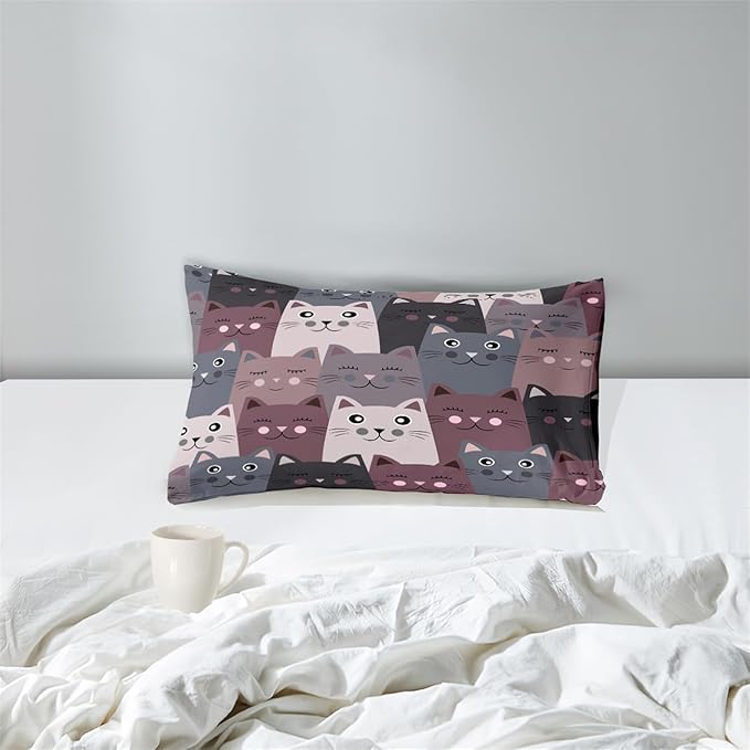 Cat Twin Comforter Set for Bedroom - 2Pcs Grey Cat Comforter Set for Teens Kids Cute Cartoon Cat Bedding Set Ultra Soft Warm Lightweight Kawaii Animal Patterns Comforter with Pillowcase