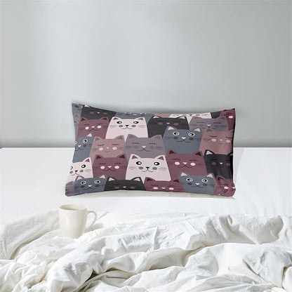 Cat Twin Comforter Set for Bedroom - 2Pcs Grey Cat Comforter Set for Teens Kids Cute Cartoon Cat Bedding Set Ultra Soft Warm Lightweight Kawaii Animal Patterns Comforter with Pillowcase
