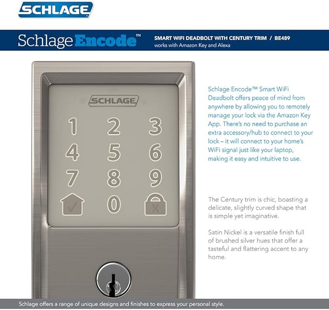 Schlage Encode Wi-Fi Smart Lock with Century Handleset Entry Set for Front Door, Satin Nickel