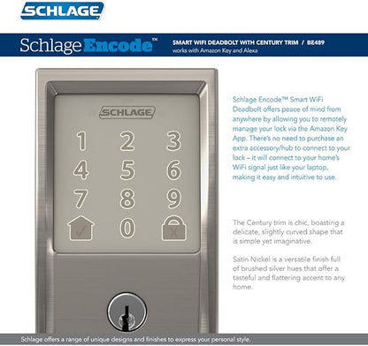 Schlage Encode Wi-Fi Smart Lock with Century Handleset Entry Set for Front Door, Satin Nickel