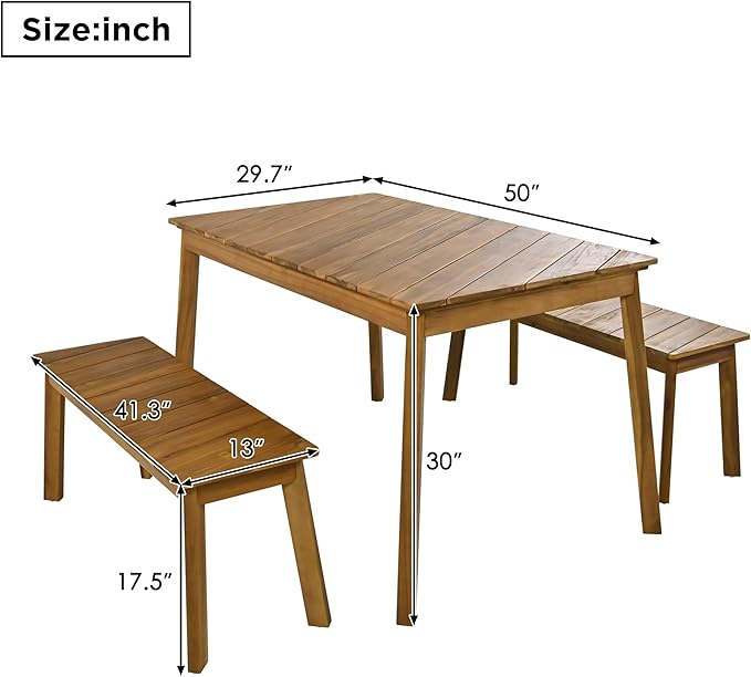 3-Pieces Patio Dining Set with Acacia Wood Tabletop and 2 Benches, Outdoor & Indoor Table and Chairs Furniture for Picnic Barbecue, Porch, Garden, Poolside, Onesize, Natural