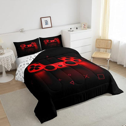 Boys Gamer Comforter Set Full Size,Gamepad Bedding Set Kids Young Man Video Games Down Comforter for Teen Child Game Room Decor Black Red Classic Retro Gaming Quilted Duvet Set with Pillowcase