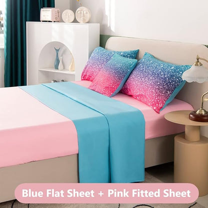 PERFEMET Girls Comforter Set Queen Size, 6 Piece Bed in A Bag, Colorful Rainbow Bedding Set with Comforter and Sheet, Gradient Pink Glitter Galaxy Bed Set for Teen Girls Kids Women, Blue Turquoise
