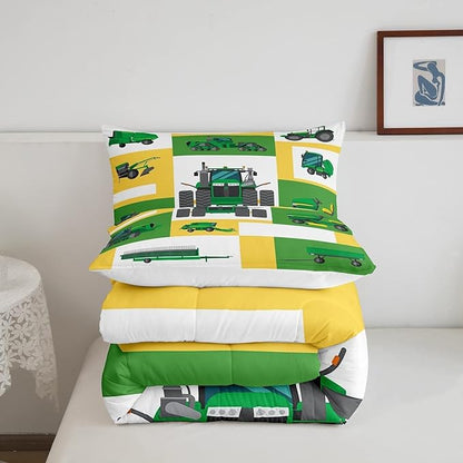 Boys Tractor Comforter Set King Kids Equipment Trucks Bedding Sets For Teens Bedroom Under Construction Quilt Set Excavator Vehicle Car Bedding Farmhouse Harvester Quilted Comforter,Green Yellow