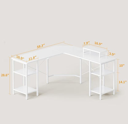 BANTI L Shaped Desk with Shleves, 58 inch Large Corner Desk with Two Storage, Space Saving, Easy to Assemble, White