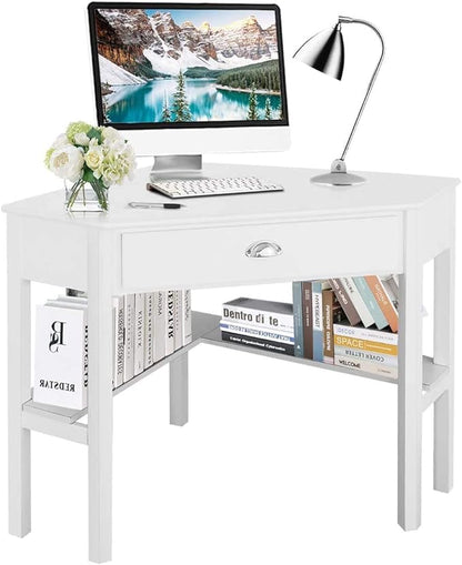 Nightcore Small, Wood Computer Desk, Compact Writing w/Drawer & Storage Shelves, Space Saving Study Workstation, Laptop PC Corner Table, White
