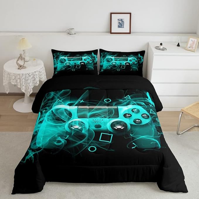 Feelyou Kids Gamer Comforter Set King Size Teens Gamepad Bedroom Decor for Boys Girls Video Game Controller Bedding Set Youth Gaming Console Comforter Blue Black Geometry with 2 Pillow Case